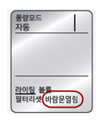 리모컨의 버튼 이미지 리모컨의 표시부에 바람문열림 선택된 이미지